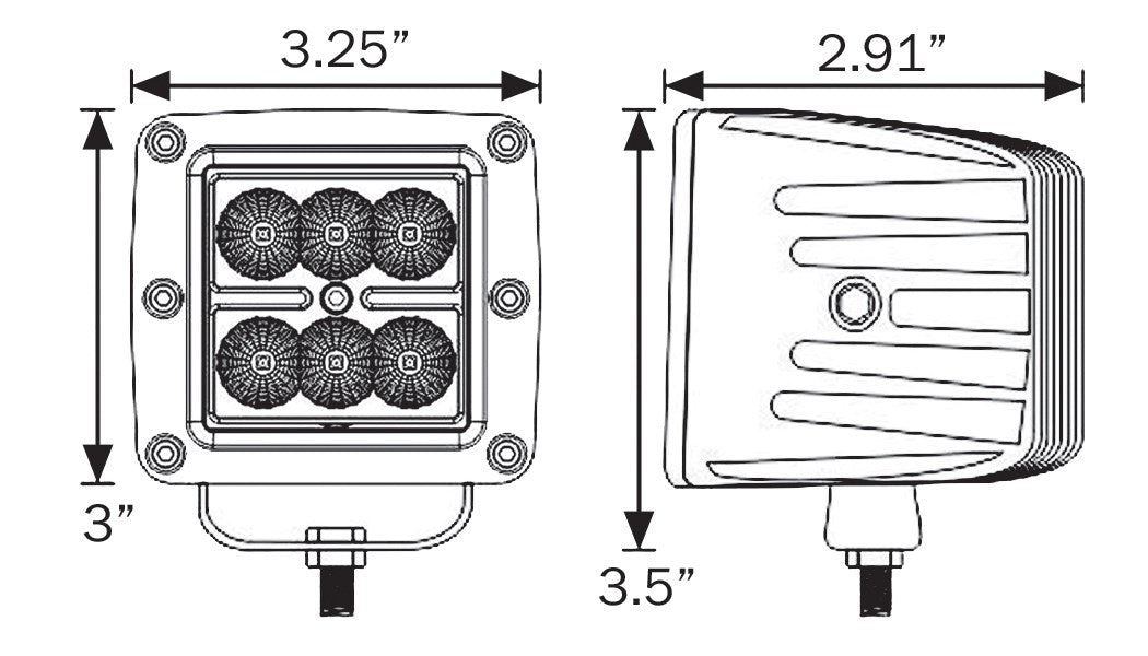 Dimensions of a rectangular LED light with dimensions labeled