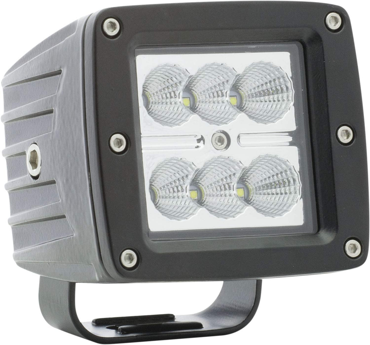 Square LED light with four visible bulbs on a white background