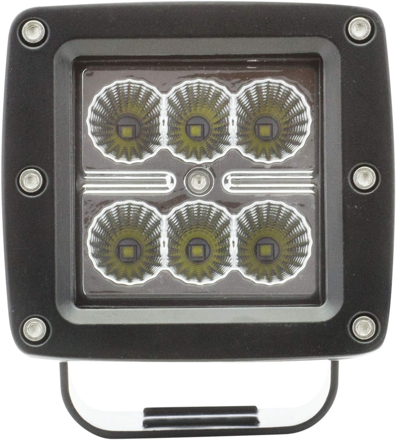 Square LED light with six circular components on a white background