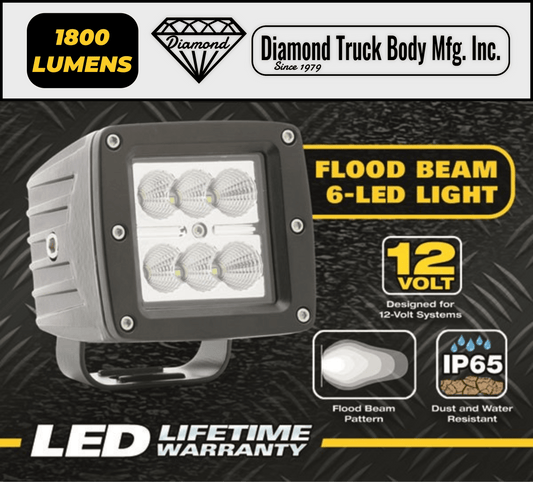 Diamond Truck Body Mfg. Inc. flood beam 6-led light with specifications on a black background