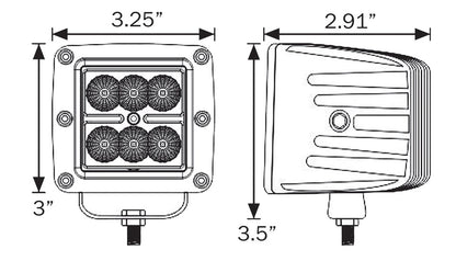 Dimensions of a rectangular LED light with dimensions labeled